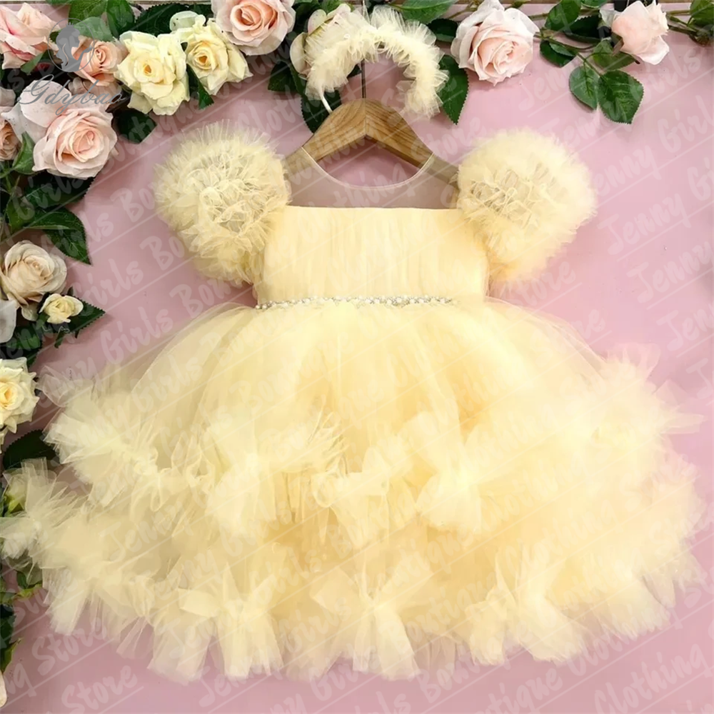 Embroidery Yellow Dress - Beautiful Girl Glitter Pearls Light Yellow