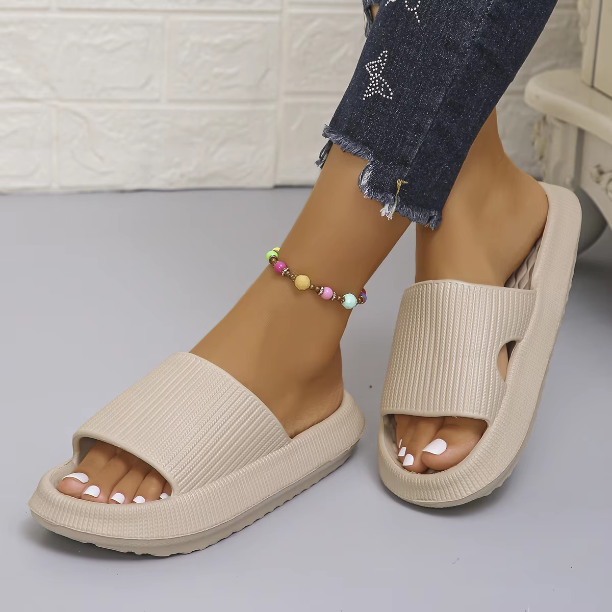 Embroidery Flat Shoes - Thick Bottom Cloud Slippers Women Soft