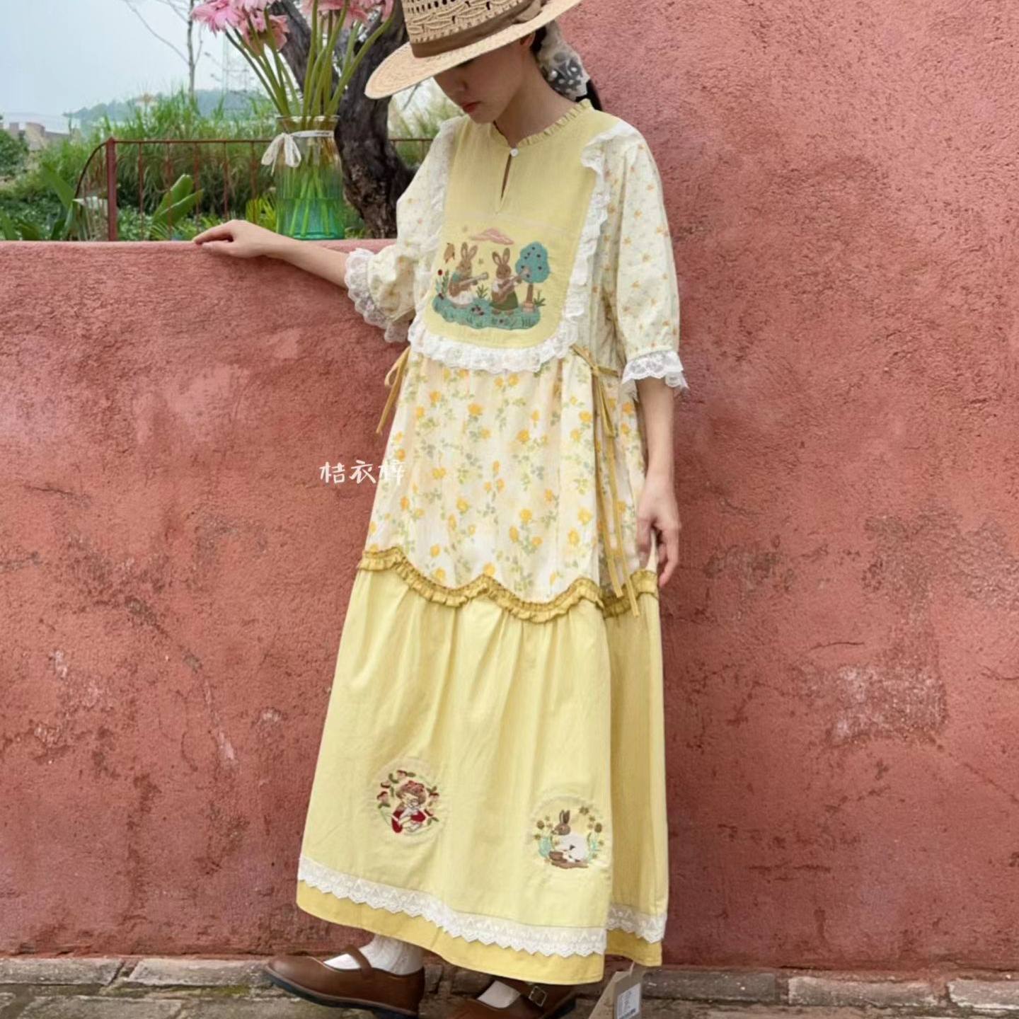 Summer Cotton Sweet Japanese S - Embroidery Yellow Dress avaliação e preço
