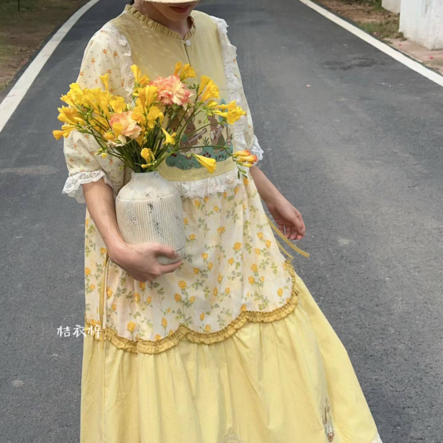 Summer Cotton Sweet Japanese S - Embroidery Yellow Dress avaliação e preço