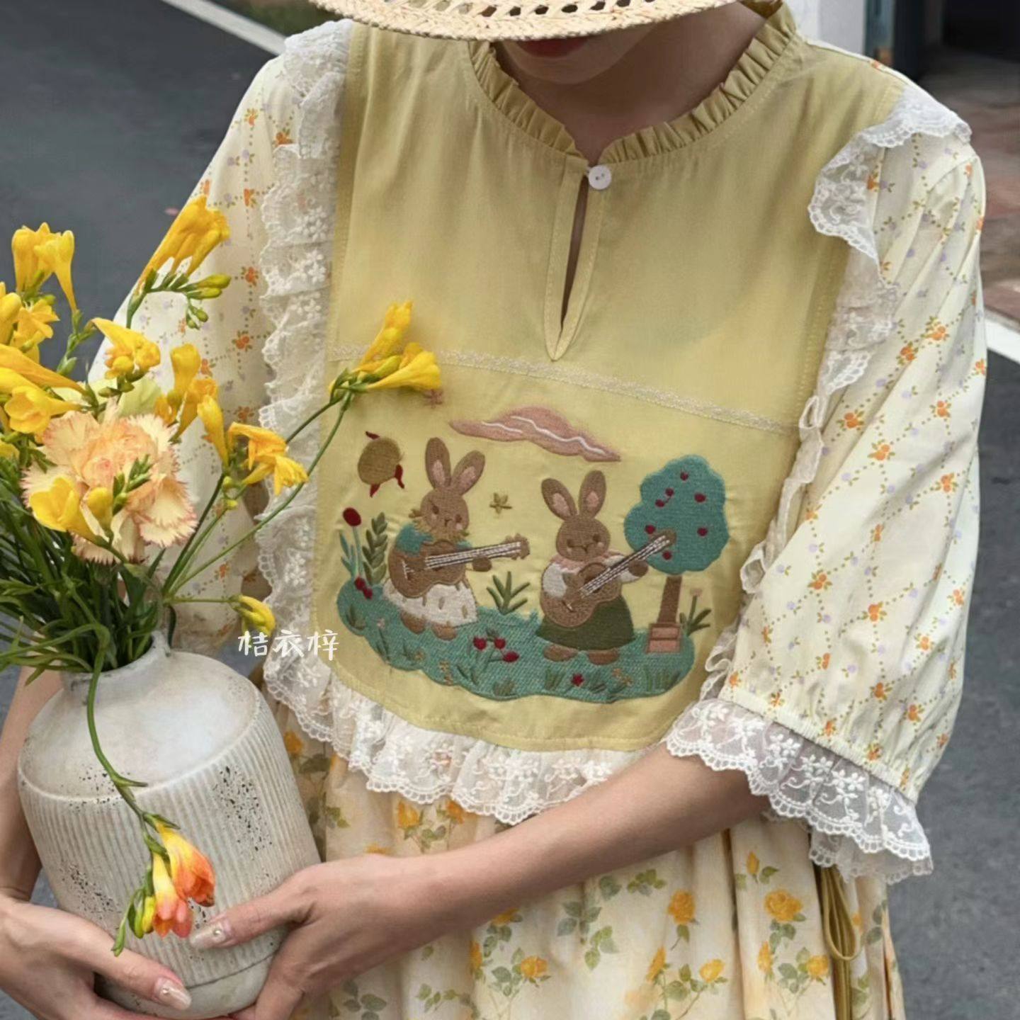 Summer Cotton Sweet Japanese S - Embroidery Yellow Dress avaliação e preço