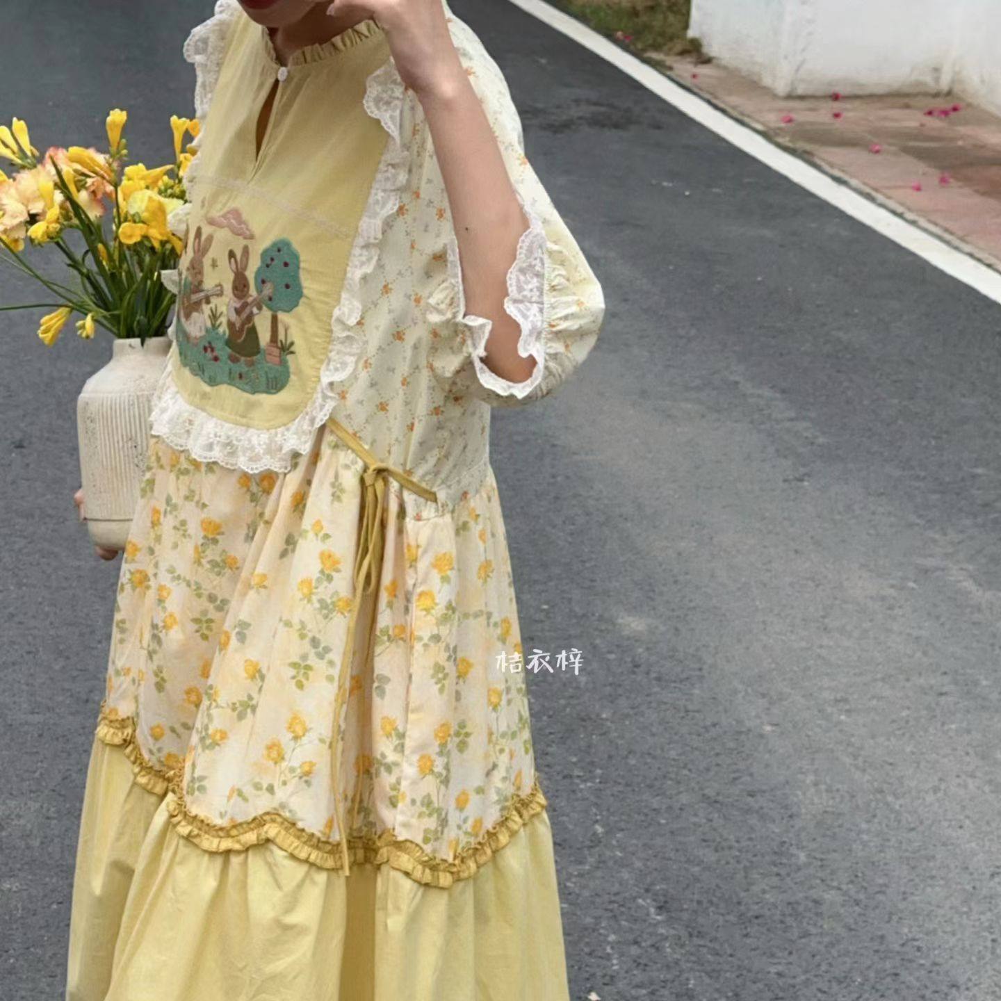 Summer Cotton Sweet Japanese S - Embroidery Yellow Dress avaliação e preço