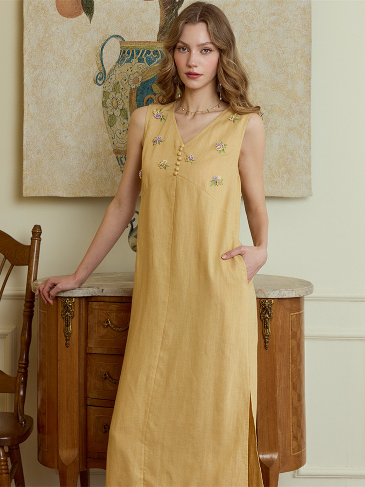 86-98cm Bust Summer Long Dress - Embroidery Yellow Dress avaliação e preço