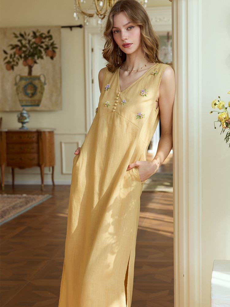 86-98cm Bust Summer Long Dress - Embroidery Yellow Dress avaliação e preço