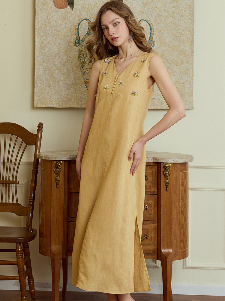 86-98cm Bust Summer Long Dress - Embroidery Yellow Dress avaliação e preço